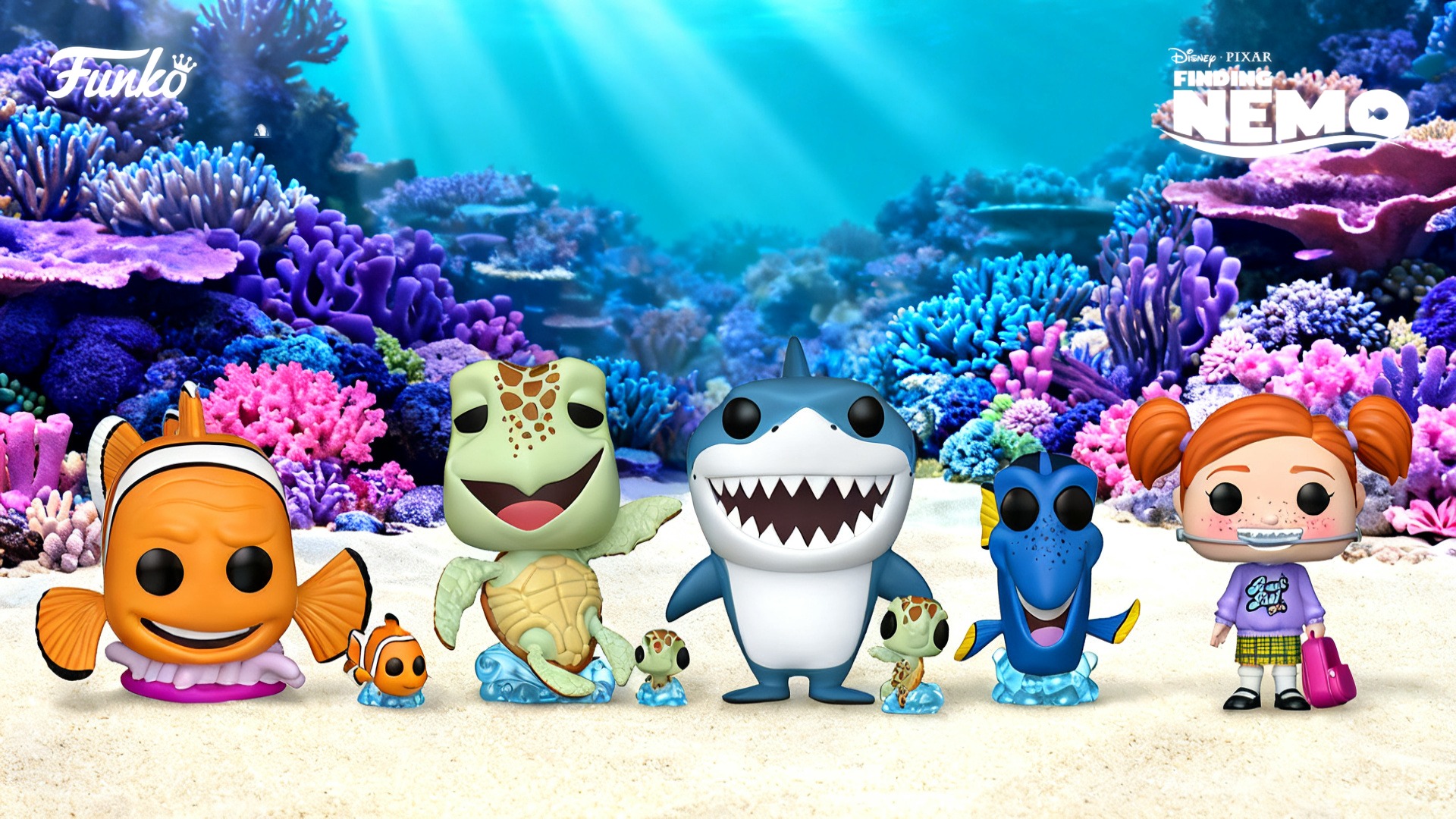 Funko Pop Gdzie jest Nemo - figurki Marlin z Nemo, Crush z Squirtem, Bruce, Dory i Darla na tle rafy koralowej