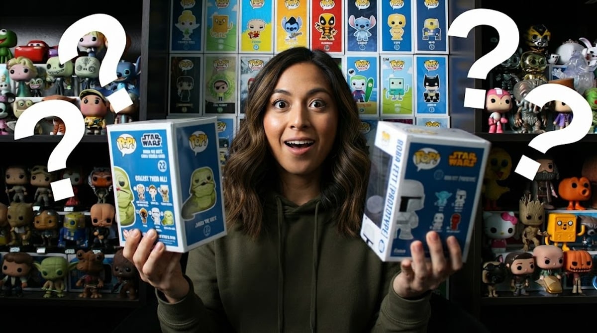 Kolekcjonerka Funko Pop z figurkami Star Wars przed ścianą pełną kolekcji — jak zacząć zbierać