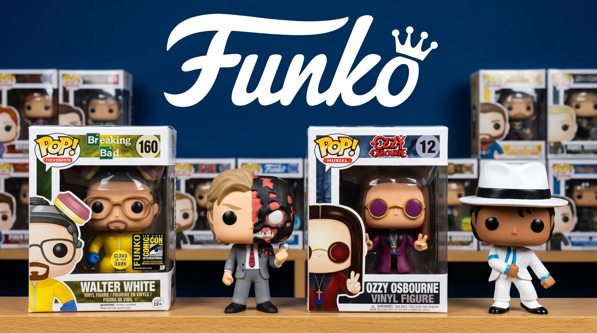 Najdroższe Funko Pop na półce kolekcjonera — Walter White GLOW z naklejką San Diego Comic-Con, Harvey Dent, Ozzy Osbourne #12 i Michael Jackson