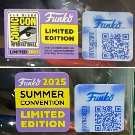 Naklejki konwentowe Funko Pop — SDCC 2025, Summer Convention Limited Edition oraz naklejka QR z hologramem