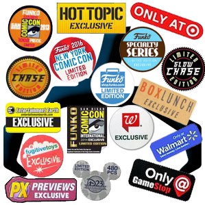 Naklejki Funko Pop — Chase, Exclusive, konwenty SDCC i NYCC, Hot Topic, Target, GameStop, BoxLunch