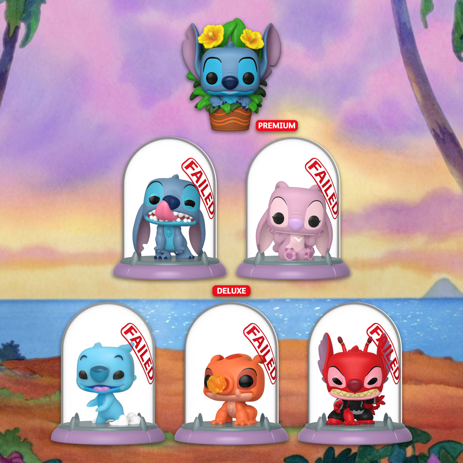 Funko Pop Stitch - figurki bez pudełek: Stitch w doniczce Premium oraz Stitch, Angel, Slushy, Splodyhead i Leroy w szklanych kapsułach Deluxe z napisem FAILED