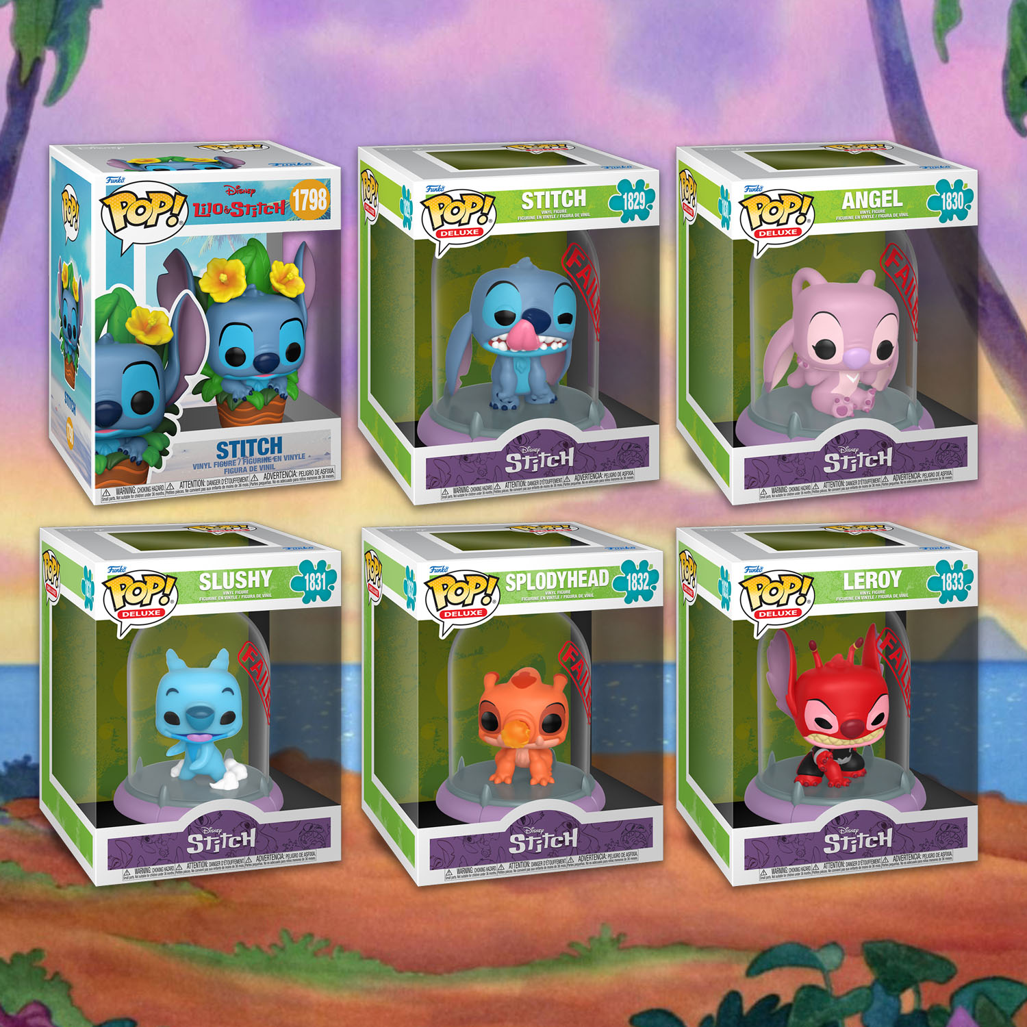Funko Pop Stitch - pudełka figurek Stitch in Potted Plant Premium #1798 oraz Deluxe Containment Capsule: Stitch #1829, Angel #1830, Slushy #1831, Splodyhead #1832 i Leroy #1833